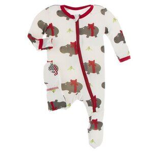 Kickee Pants Footie with Zipper (Natural Christmas Hippo), Size 0-3 Months, NEW!